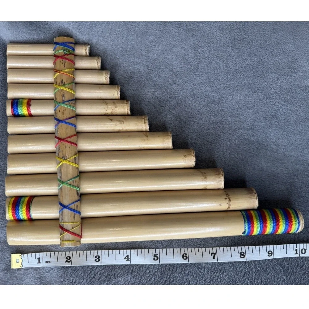 Handcrafted Bamboo Pan Flute 10 Pipe Natural Wood Wind Instrument Rainbow Wrap